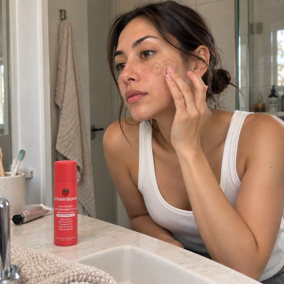 A woman pressing Strawberry Hyperpigmentation Brightening Cream into her cheek at the bathroom mirror, the red bottle on the counter