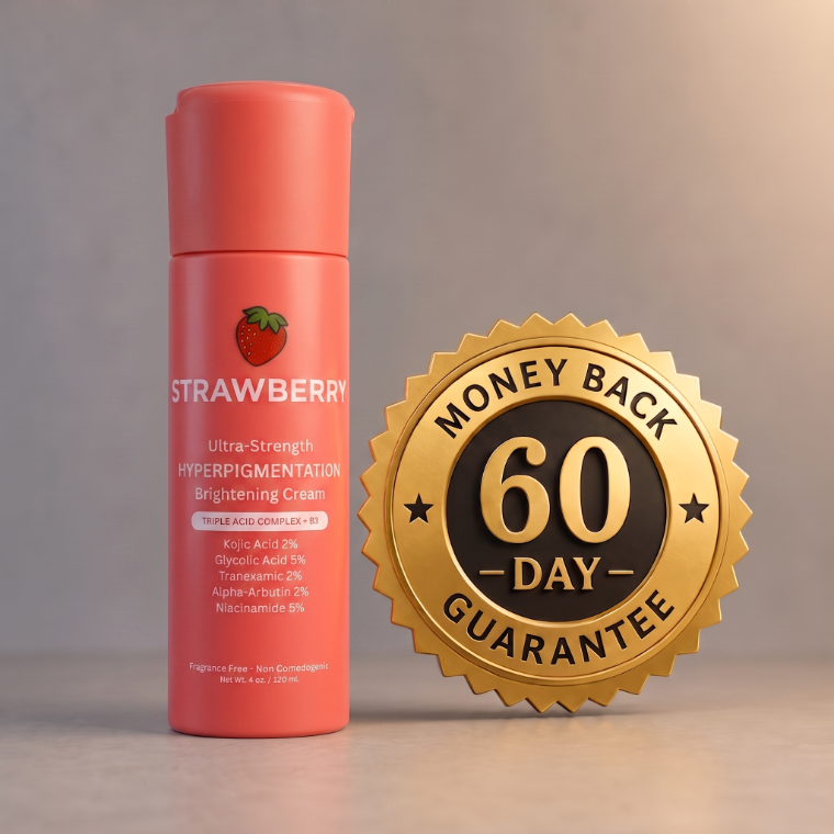 The Strawberry Hyperpigmentation Triple Acid Complex beside a gold 60-day money-back guarantee seal