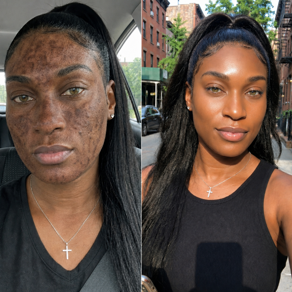 Imani's forehead and cheeks before and after
