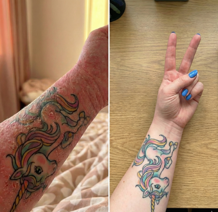 Before and after: a woman's neck and chest raw with eczema, calm and even after treatment