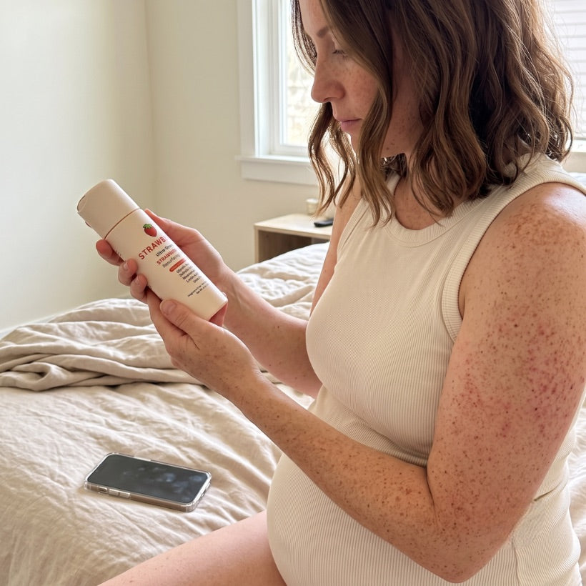 Emma reading the label on the Strawberry Ultra-Strength Resurfacing Cream, KP visible on her arm