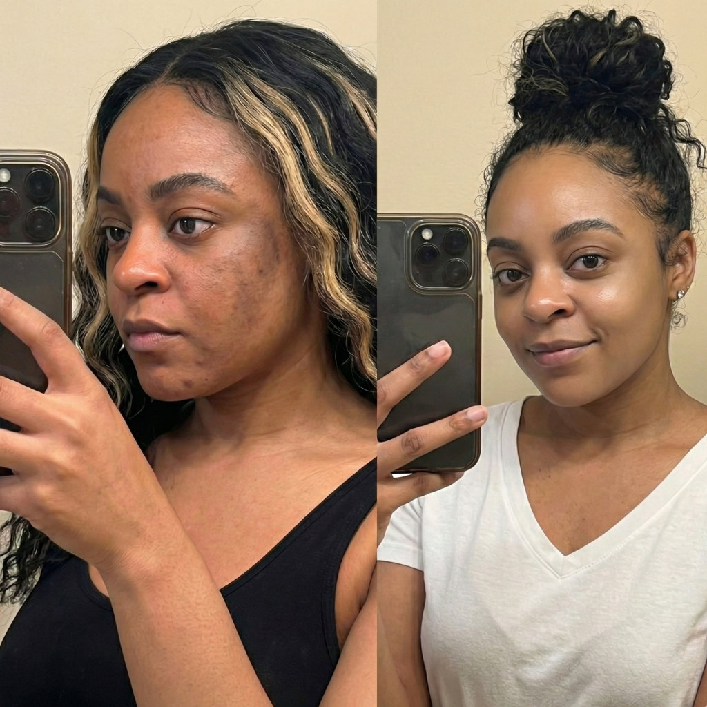 Before and after showing reduced dark marks and more even skin tone after 28 days