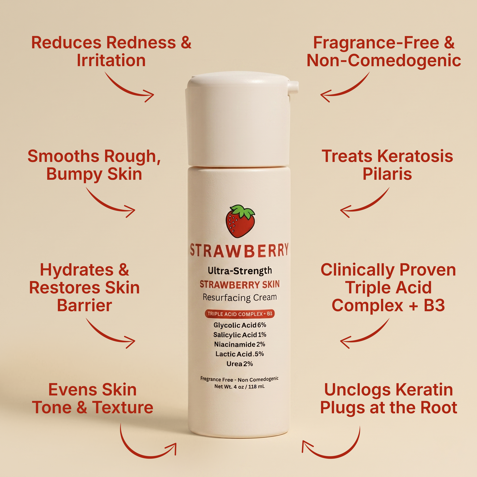 Advanced Triple-Acid Complex cream treats keratosis pilaris, smooths skin, and hydrates while being fragrance-free.