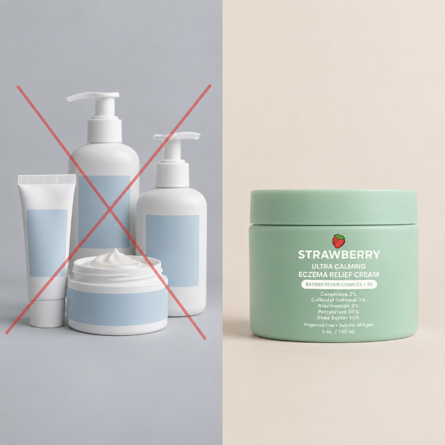 Plain white eczema creams and ointments crossed out beside the Strawberry Ultra Calming Eczema Relief Cream