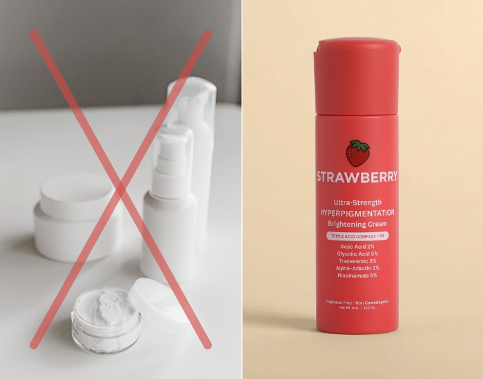 A pile of single-purpose brightening products crossed out beside one Strawberry bottle