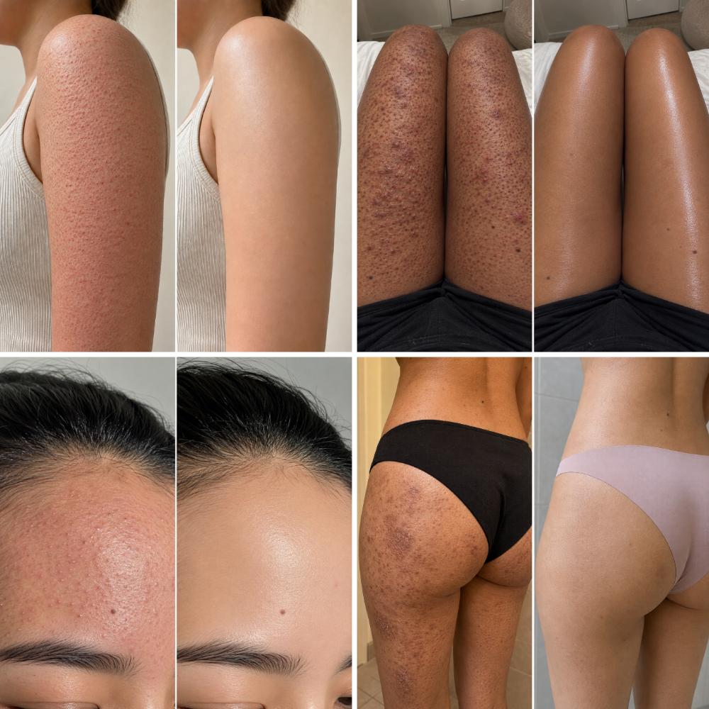 Four before and after pairs: an arm, thighs, a forehead and a hip cleared of keratosis pilaris