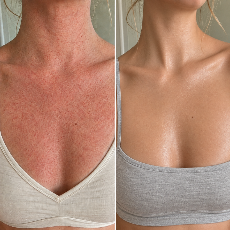 Chest and decolletage red and bumpy with keratosis pilaris beside the same chest smooth, even and luminous