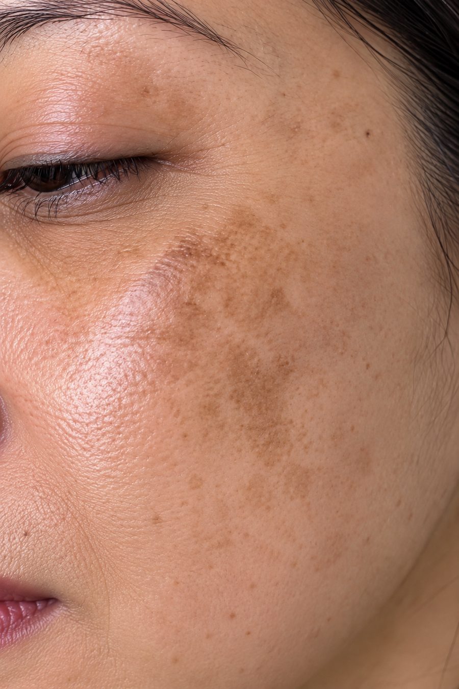Close-up of a brown melasma patch spreading across the cheek below the eye