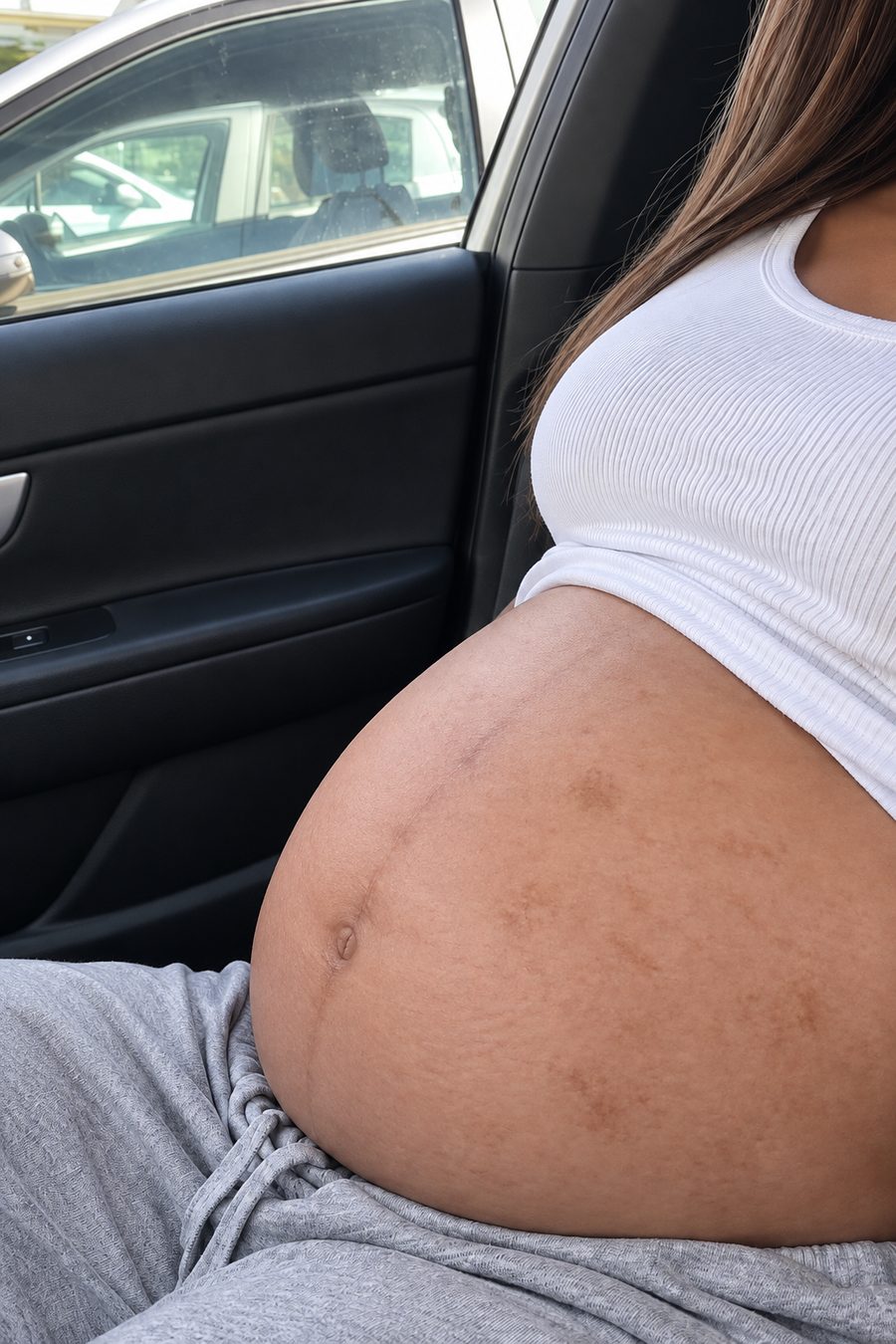 A pregnant belly with darkened skin along the midline