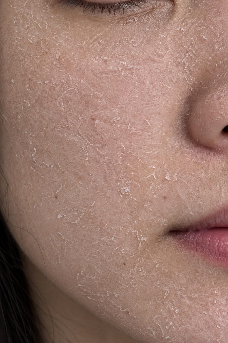 Close-up of dry, flaking skin on the cheek