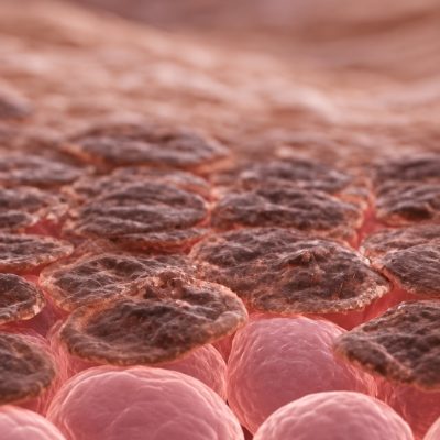 Darkened skin cells sitting at the surface of the skin