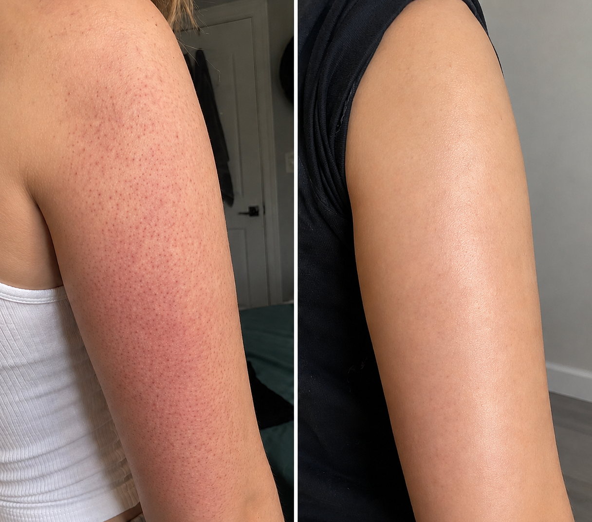 Before and after: red, bumpy KP on an arm, clear and smooth after 2 uses