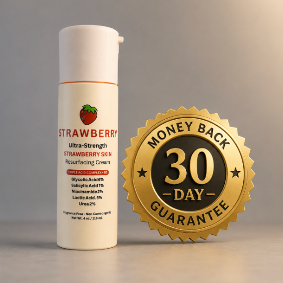 Strawberry Ultra-Strength Resurfacing Cream beside a gold 30-day money-back guarantee seal