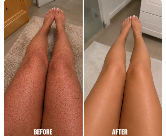 Before and after: Aisha's legs, redness measurably reduced after two weeks
