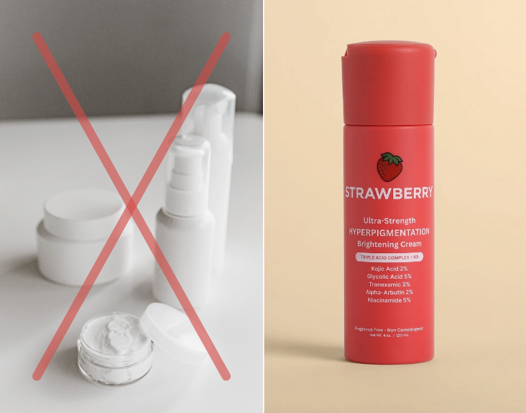A pile of single-purpose brightening products crossed out beside one Strawberry bottle