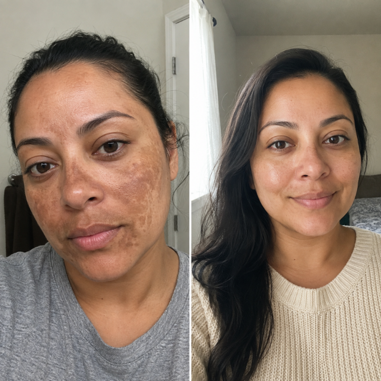 Before and after: severe melasma across the cheeks and upper lip, tone even and clear after two weeks
