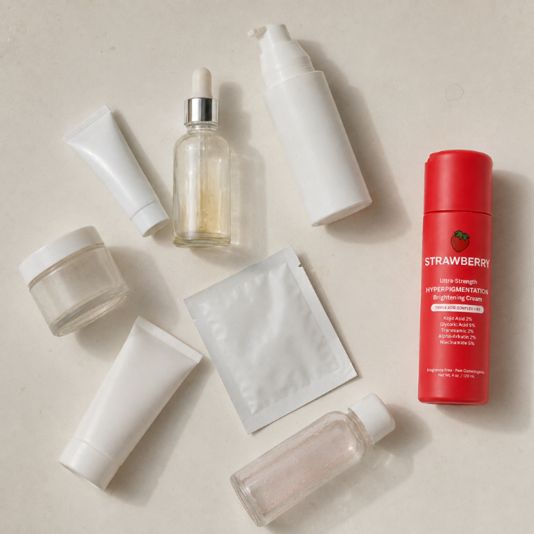 A shelf of unbranded single-purpose brightening products beside the Strawberry Triple-Acid Complex
