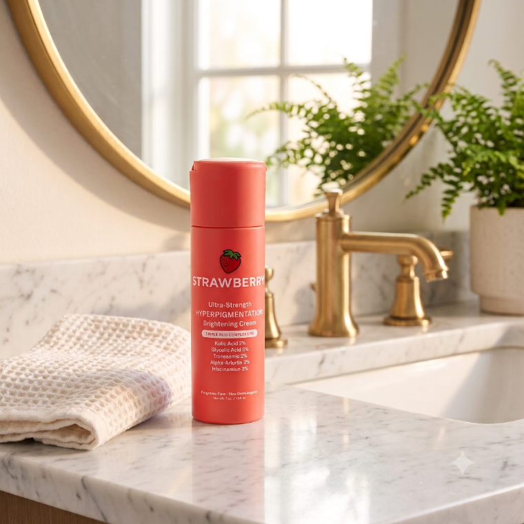 The Strawberry Hyperpigmentation Triple-Acid Complex alone on a bathroom counter