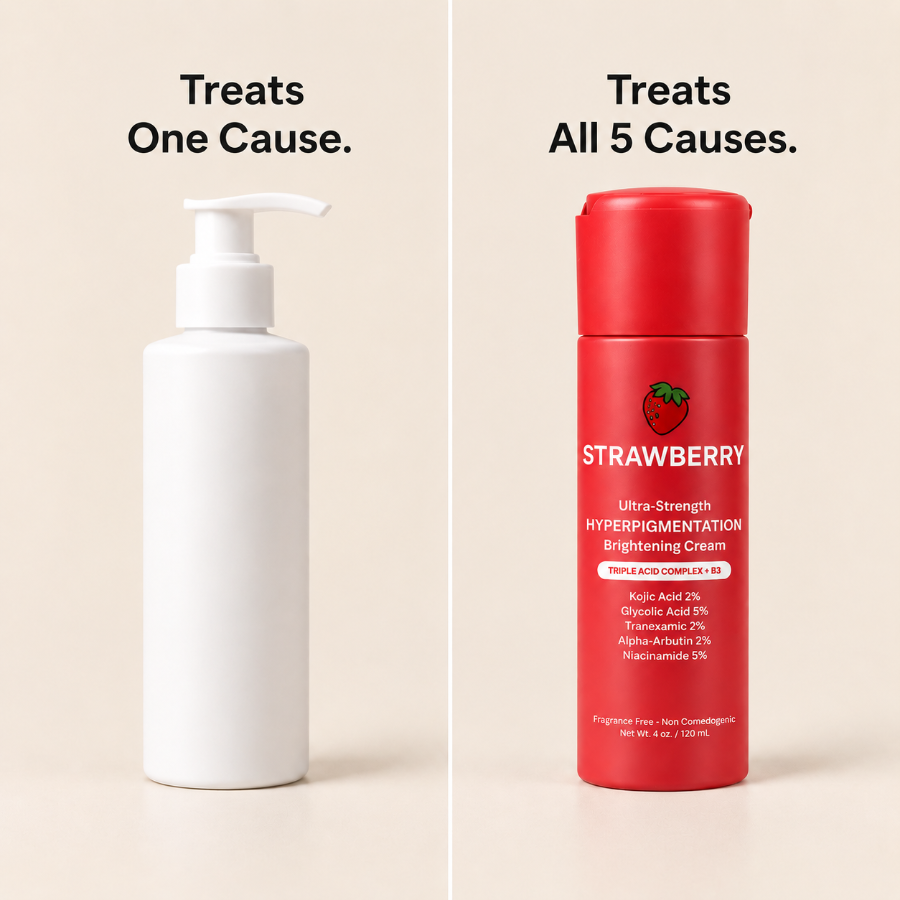 A single-active brightener treats one cause; the Strawberry Triple-Acid Complex treats all five