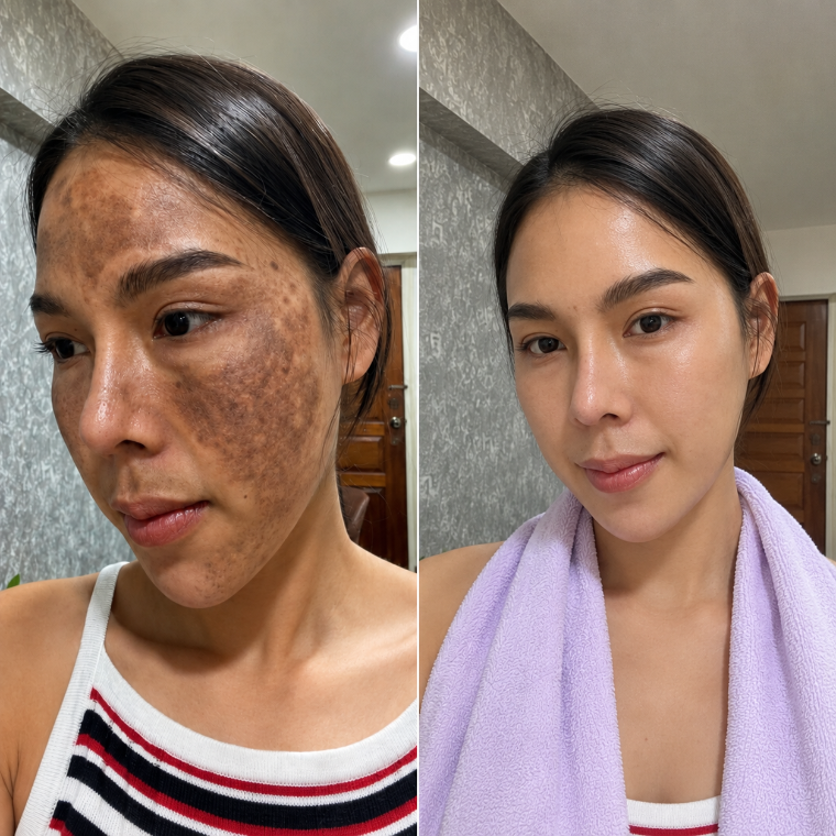 Jazmine's face before and after, dark patches cleared