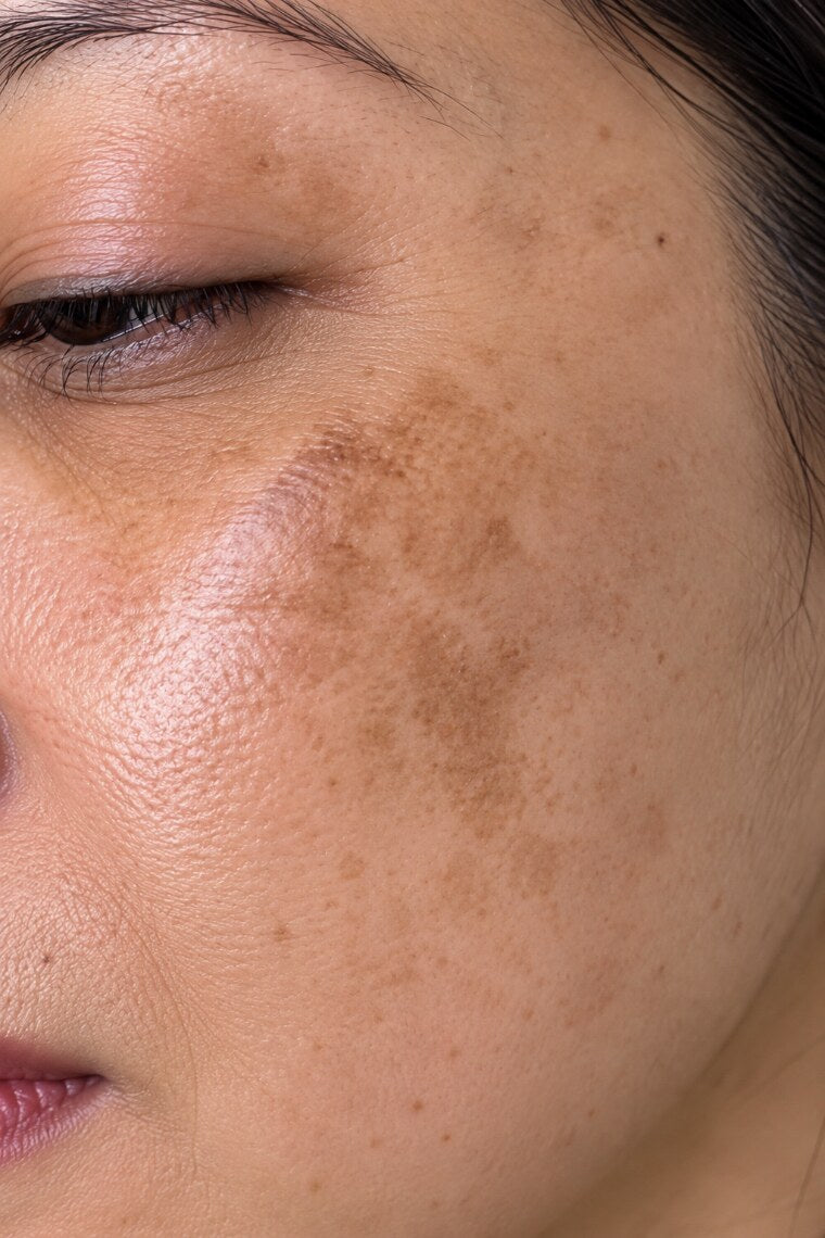 Close-up of a brown melasma patch spreading across the cheek below the eye