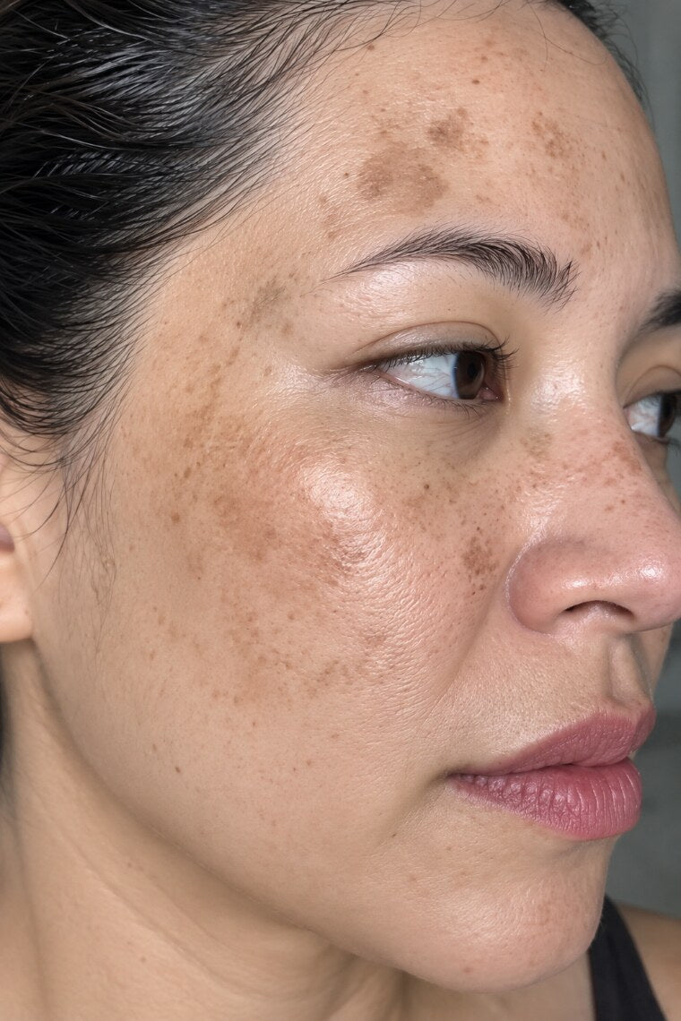 Melasma patches across the cheek, temple and forehead