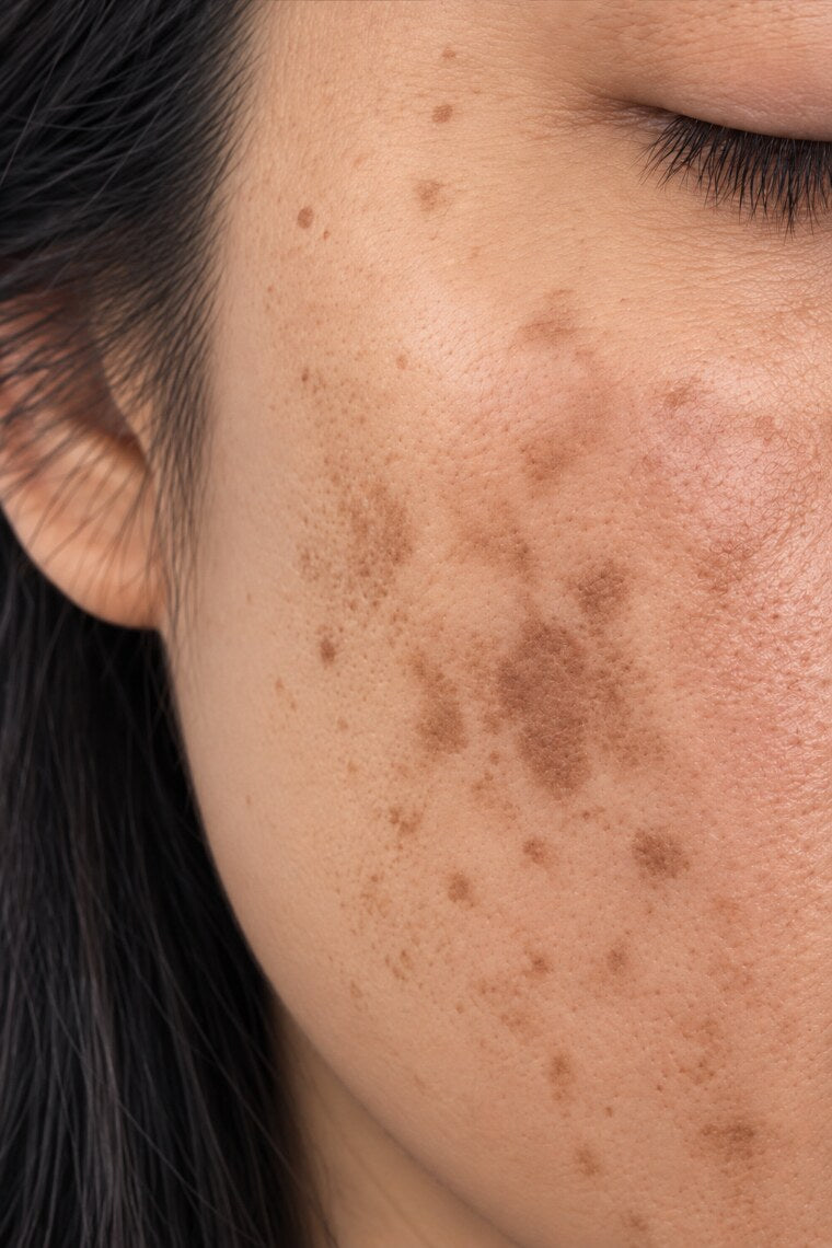 Melasma patches spread across the cheek toward the ear