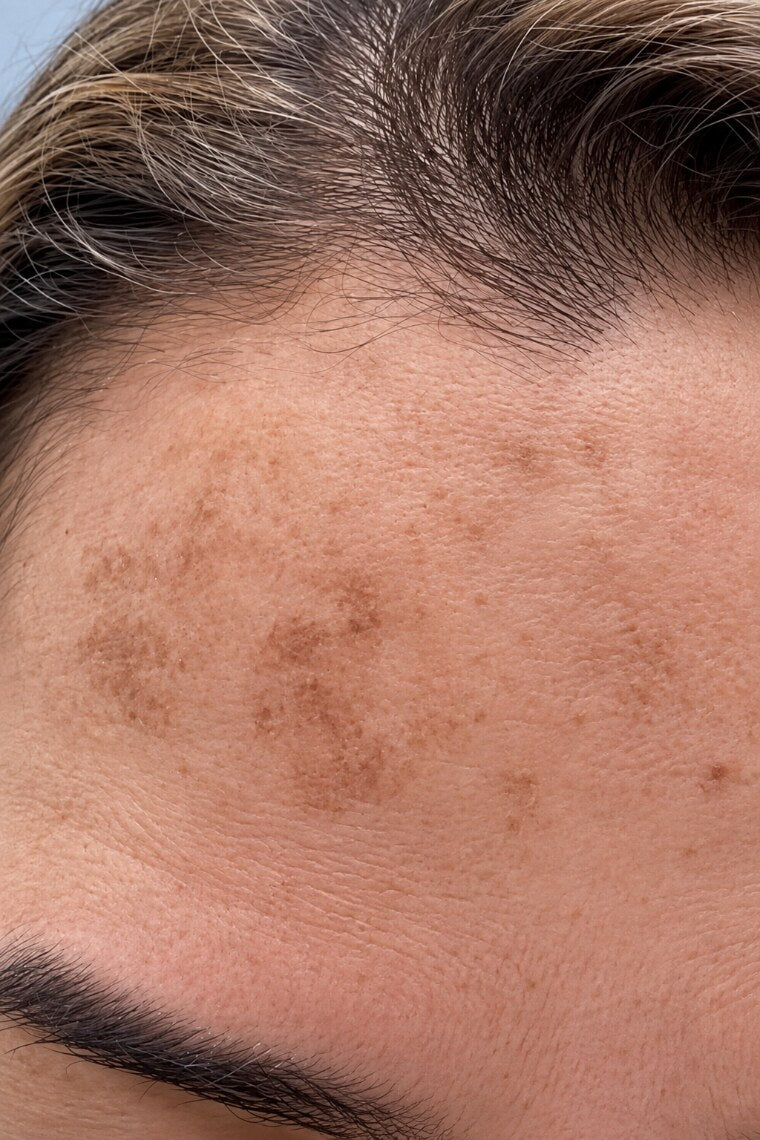 Melasma patches across the forehead below the hairline