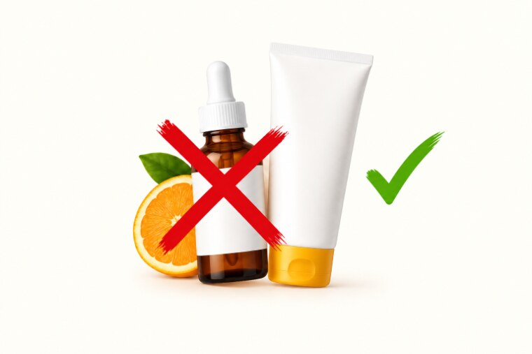 A vitamin C serum crossed out beside a sunscreen tube with a check mark