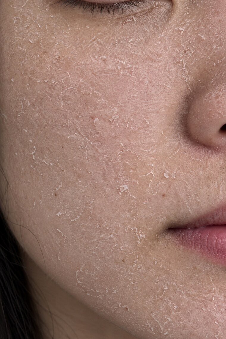 Close-up of dry, flaking skin on the cheek