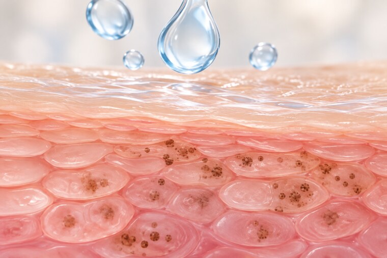 A drop landing on layers of skin with pigment clusters underneath