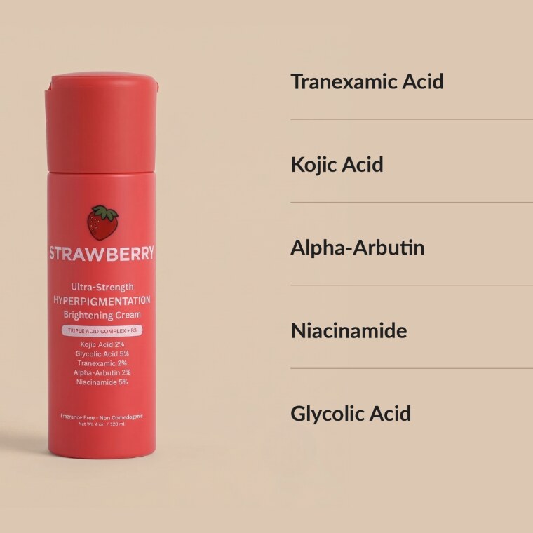 Strawberry Ultra-Strength Hyperpigmentation Brightening Cream beside its five actives: tranexamic acid, kojic acid, alpha-arbutin, niacinamide and glycolic acid