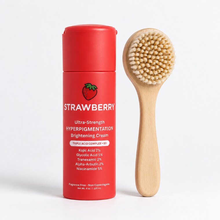 Strawberry Hyperpigmentation Brightening Cream beside a wooden brightening brush