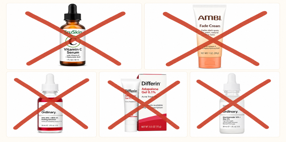 Five failed hyperpigmentation treatments crossed out: TruSkin Vitamin C Serum, Ambi Fade Cream, The Ordinary AHA 30% peeling solution, Differin Adapalene Gel and The Ordinary Niacinamide