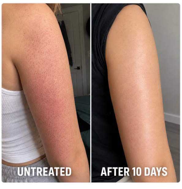 Before and after: an arm with red, bumpy KP beside the same arm clear after 10 days