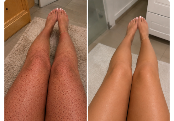 Before and after: Aisha's legs, redness measurably reduced after two weeks