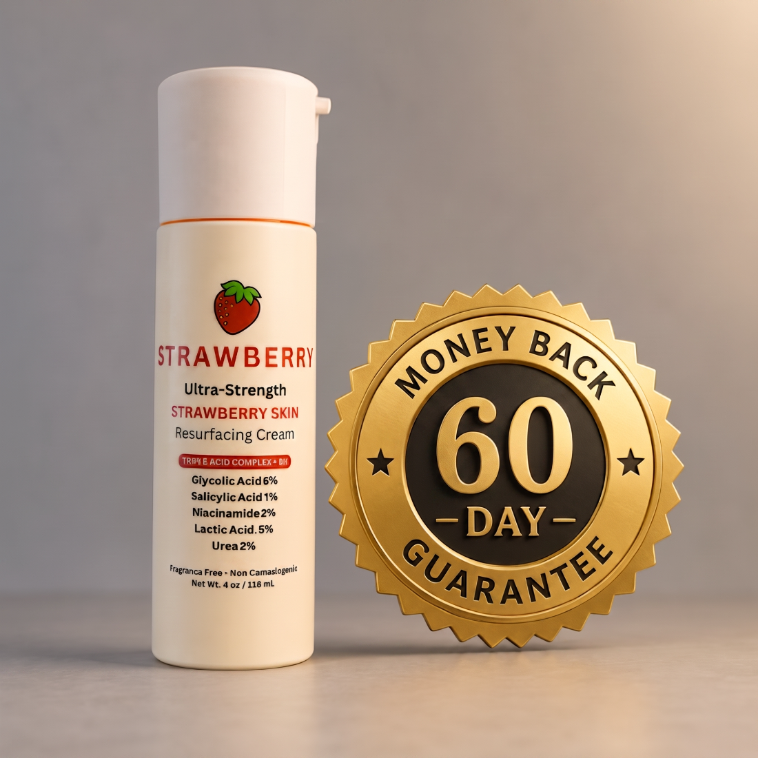 Strawberry Ultra-Strength Resurfacing Cream beside a gold 60-day money-back guarantee seal