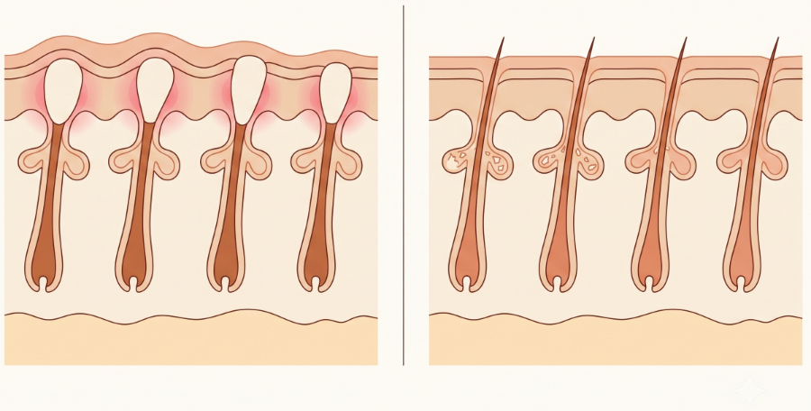 Cross-section of skin: plugged follicles with surrounding redness on the left, clear follicles with hair emerging freely on the right