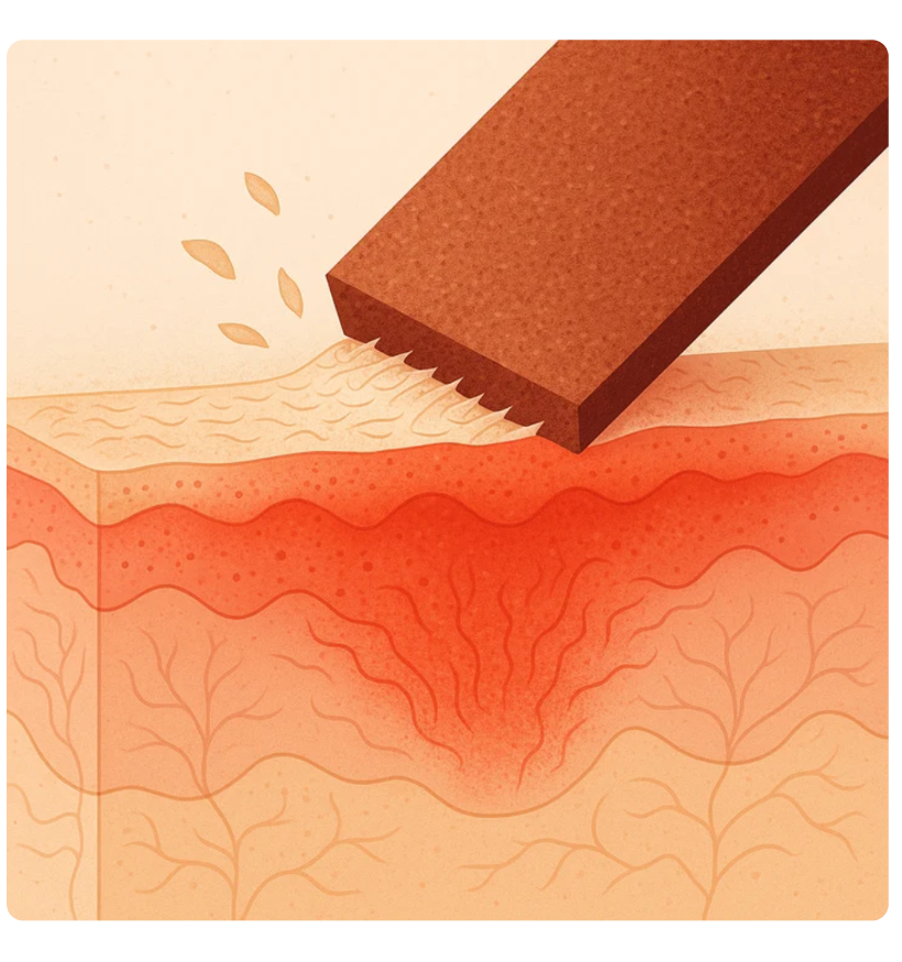 Cross-section illustration of harsh physical exfoliation tearing the skin surface