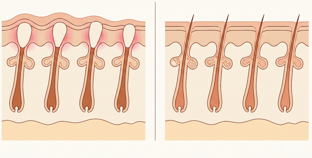 Cross-section of skin: plugged follicles with surrounding redness on the left, clear follicles on the right