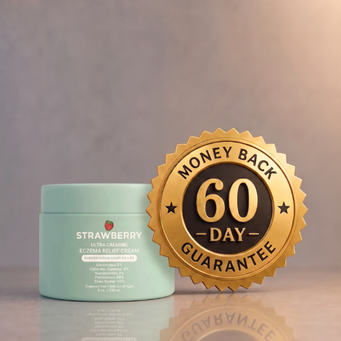 The Strawberry Ultra Calming Eczema Relief Cream beside a gold 60-day money-back guarantee seal