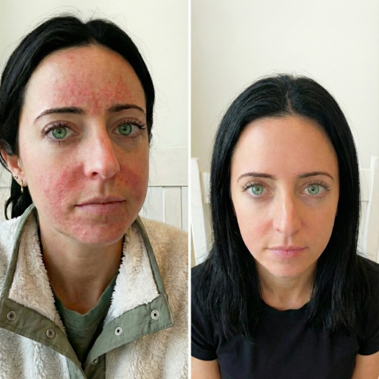 Before and after: a woman's face raw and inflamed with eczema, calm and clear after one week