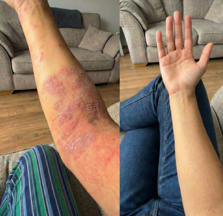 Before and after: Renee's forearm, raw with eczema then completely clear