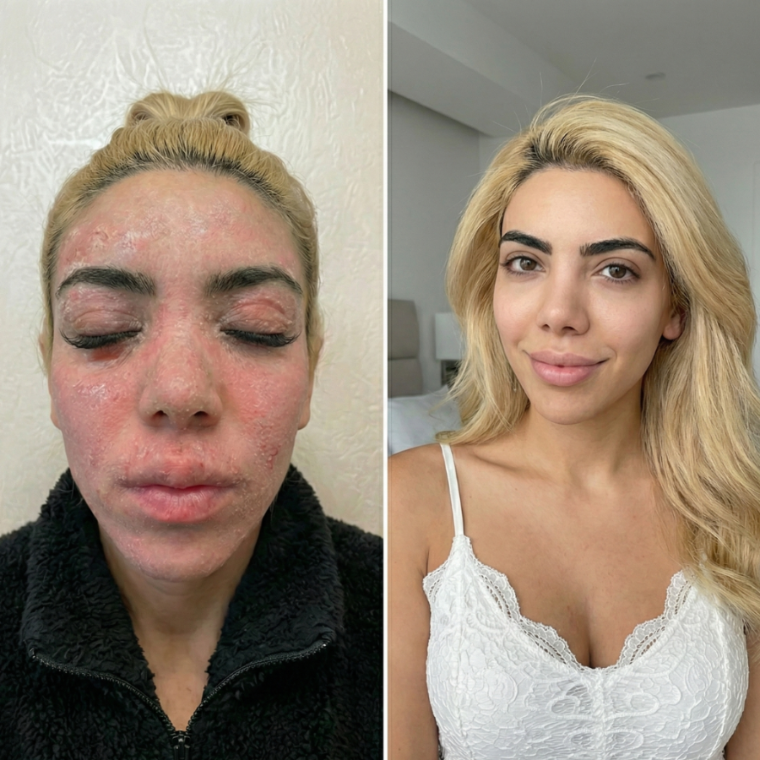 Before and after: Isabella's face, severe flare cleared and skin luminous
