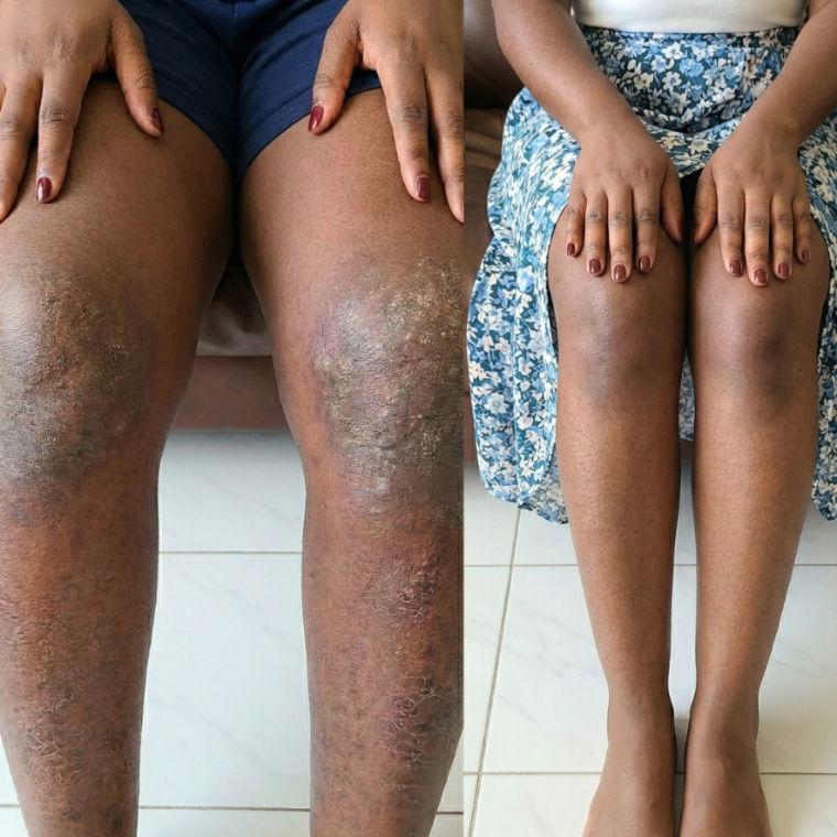 Before and after: Kara's knees, thick raised patches faded and skin even
