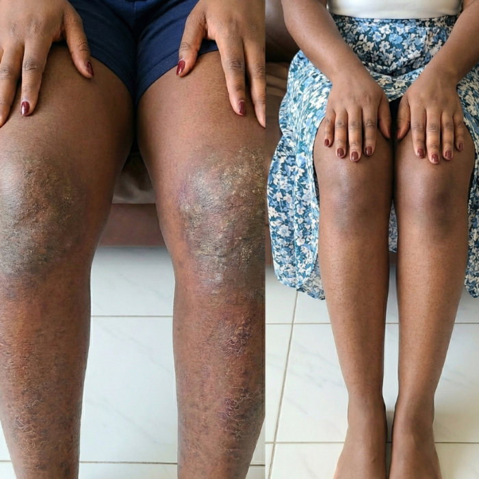 Knees with thick raised eczema patches beside the same knees smooth and even