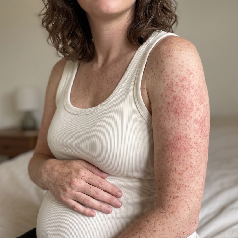 Hero — pregnant woman with keratosis pilaris visible on her upper arm, one hand resting on her bump