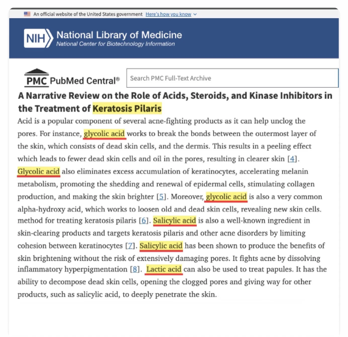 NIH National Library of Medicine, narrative review on the role of acids in the treatment of keratosis pilaris