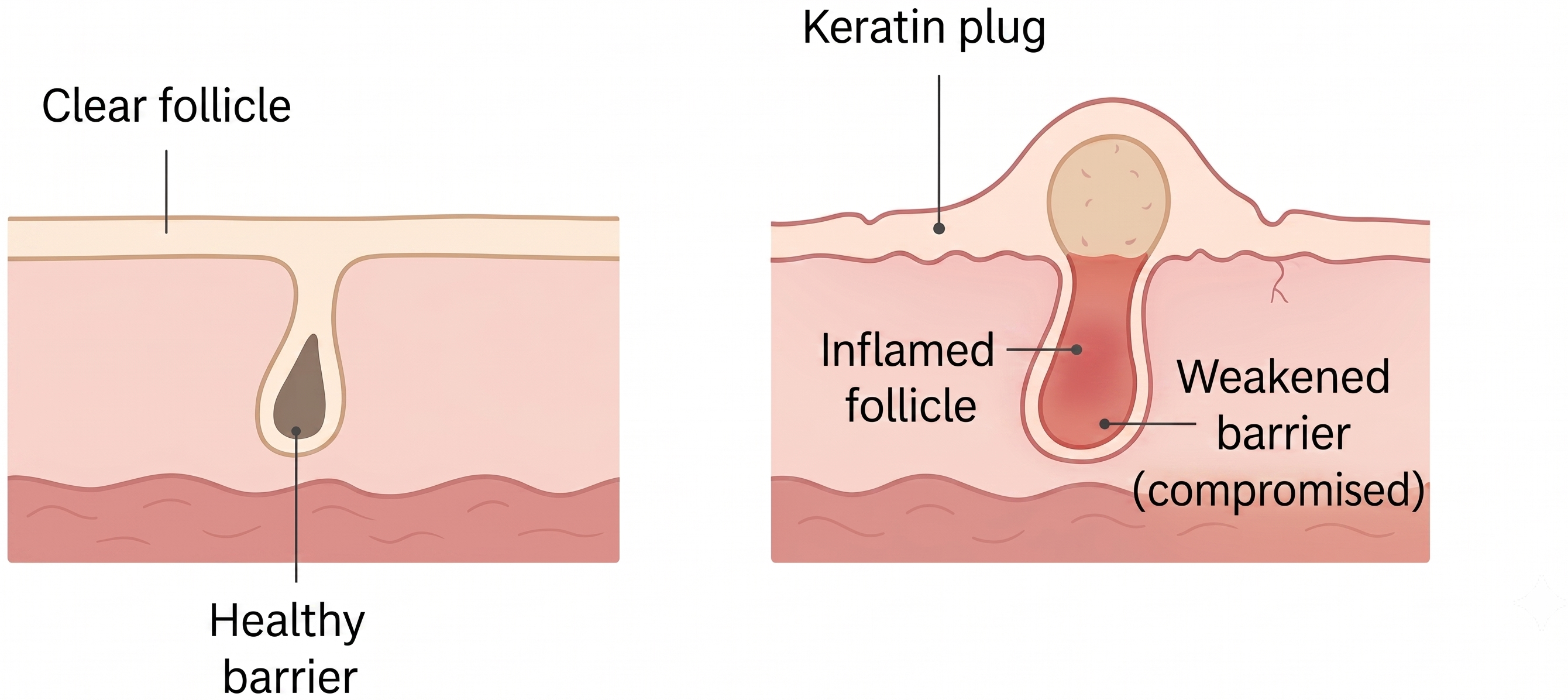 Cross-section: normal skin with clear follicle and healthy barrier versus keratosis pilaris skin with keratin plug, inflamed follicle and weakened barrier