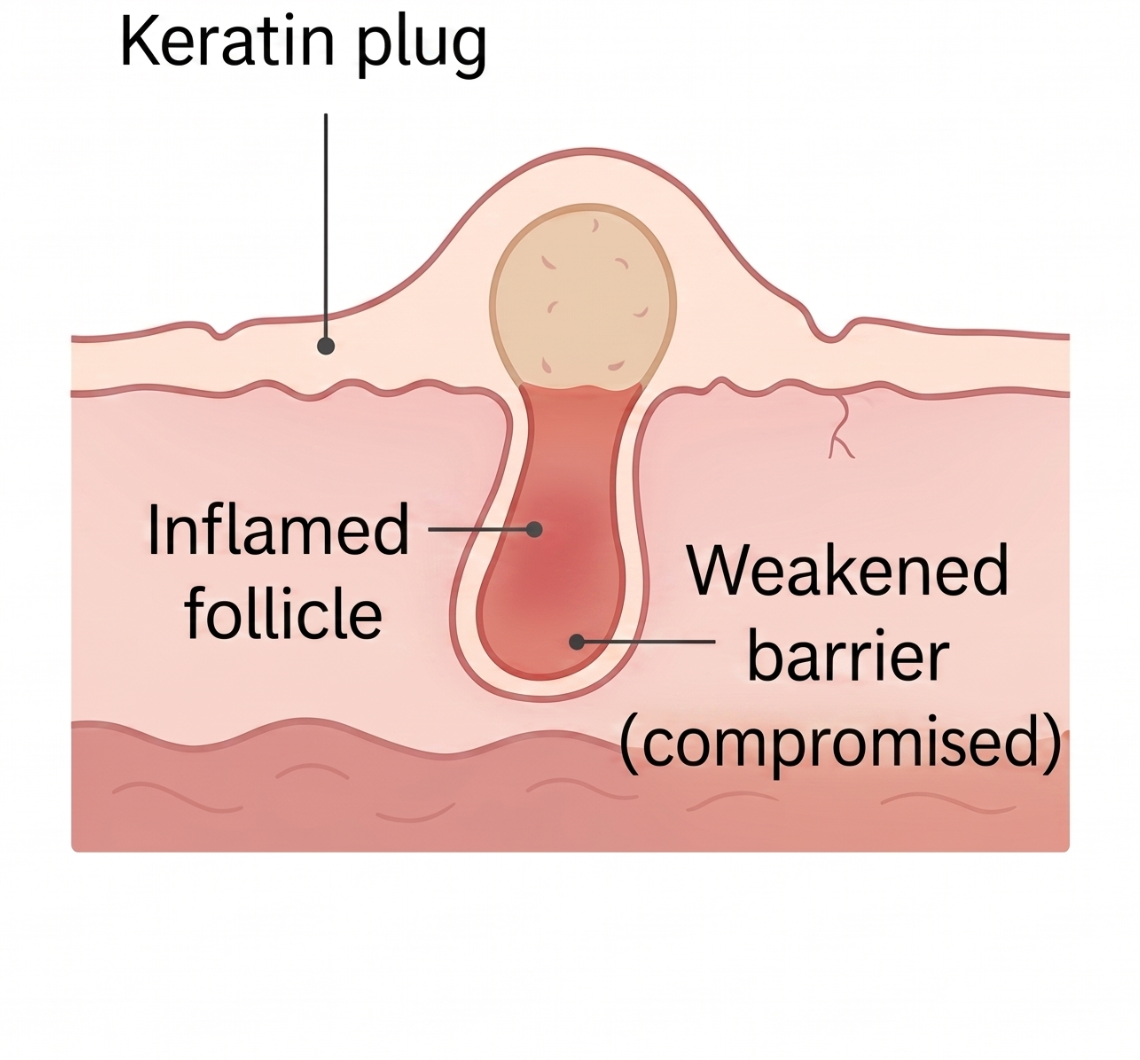 Cross-section of keratosis pilaris skin with keratin plug, inflamed follicle and weakened barrier